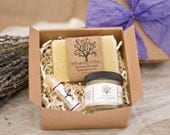 Eco Friendly Holiday Gift Box w/ Purple Ribbon - Soap, Lotion or Bath Salt, and Lip Balm