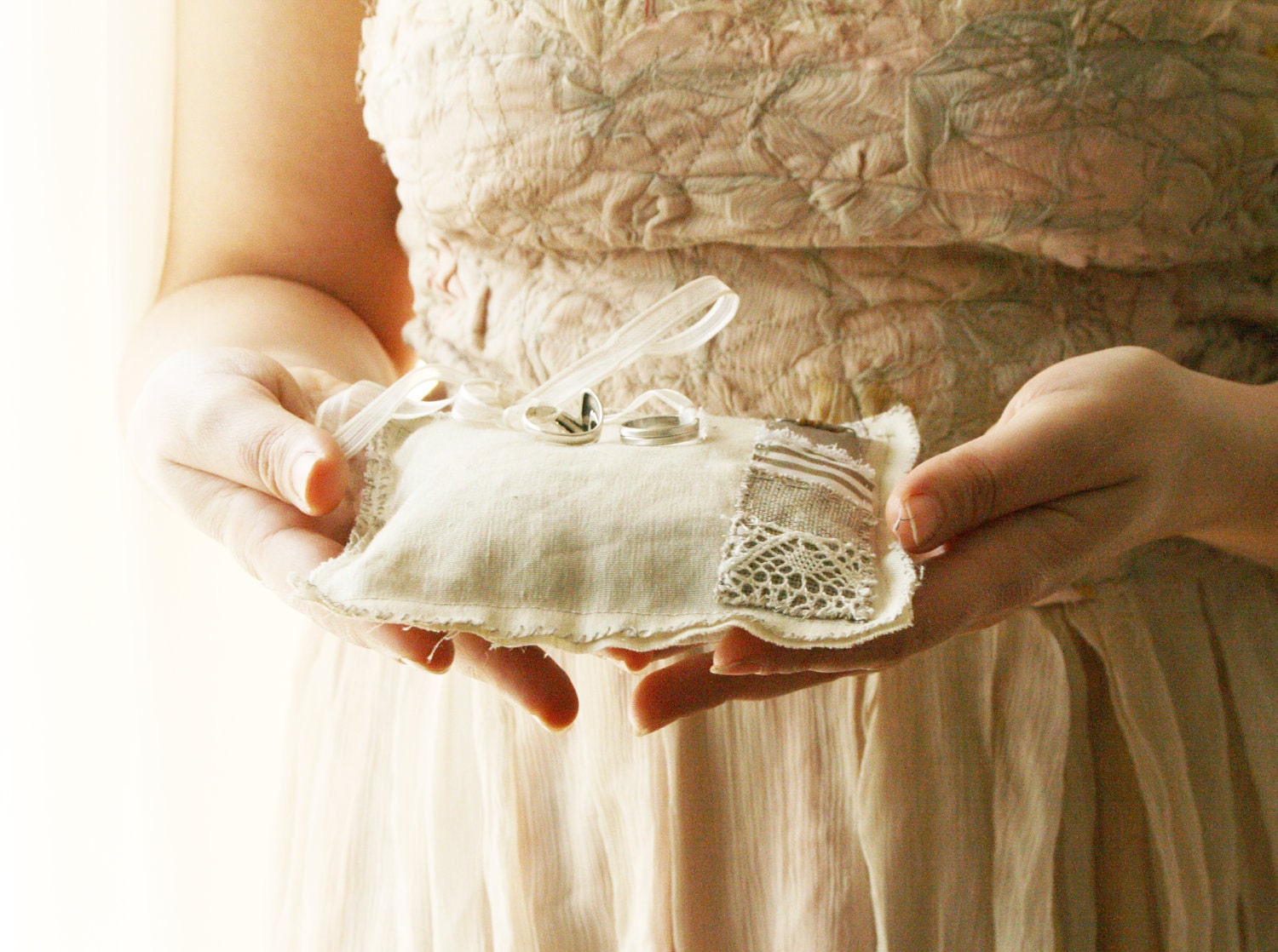 Weddings Linen Ring Bearer Pillow.Handmade Bearer Band Pillow. Silk and Lace Patchwork Bearer Pillow