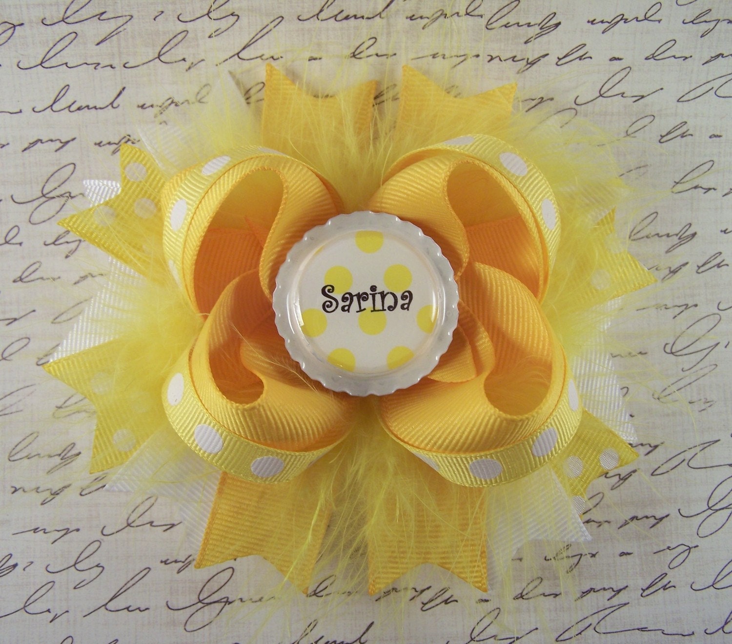 Yellow and White Polka Dot Fluffy Boutique Bow with Personalized/Custom Bottle Cap Center