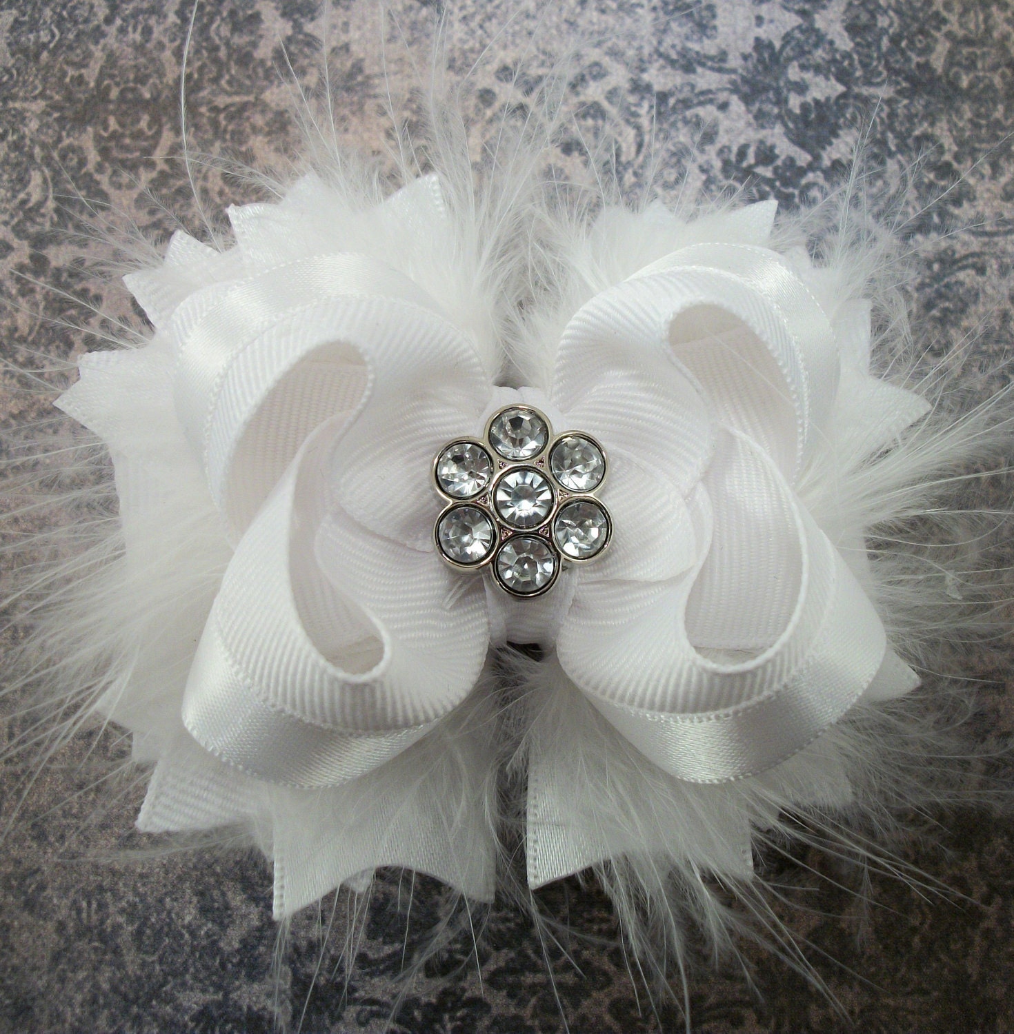 Pure White Bow Fluffy Stacked Boutique Bow with Rhinestone Center 3 inch version