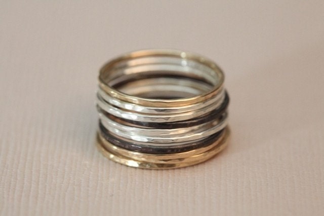 hammered stack rings - set of 10 skinny rings, everyday rings