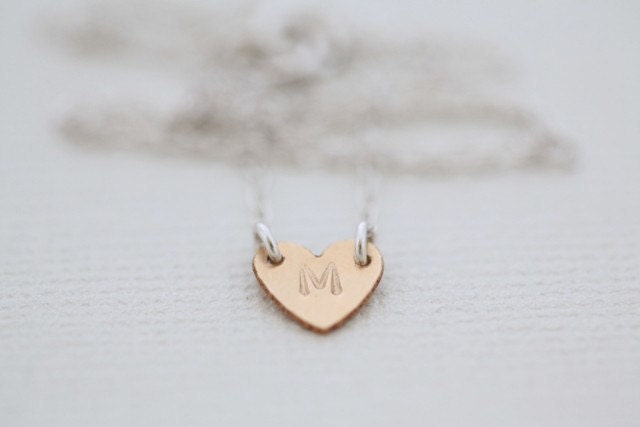 Gold filled Initial tiny heart necklace by hand stamp - gold filled heart with sterling silver chain - MADE TO ORDER