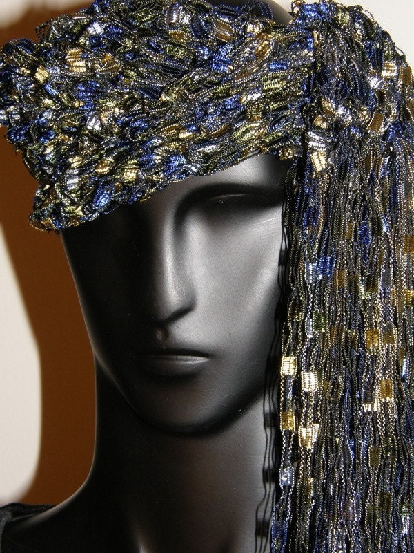 Royal Blue Gold Fancy Ribbon Scarf  Hand Crocheted by mcleodhandcraftgifts on Etsy