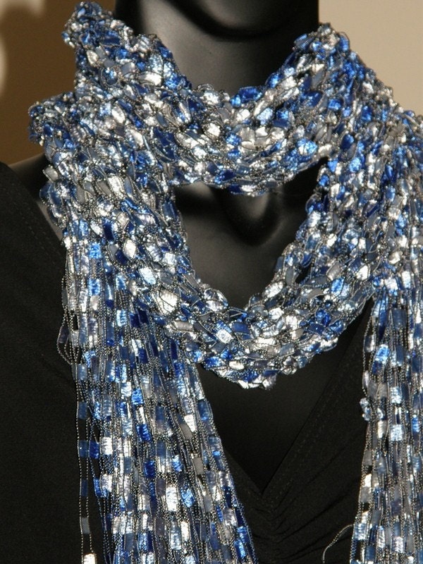 Ocean Blue fancy Ribbon Scarf  Hand Crocheted Blue Silver Color Mcleodhandcraftgifts on Etsy