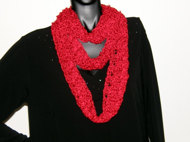 Scarf Infinity Hand Crocheted Berry Red Silk Blend Yarn