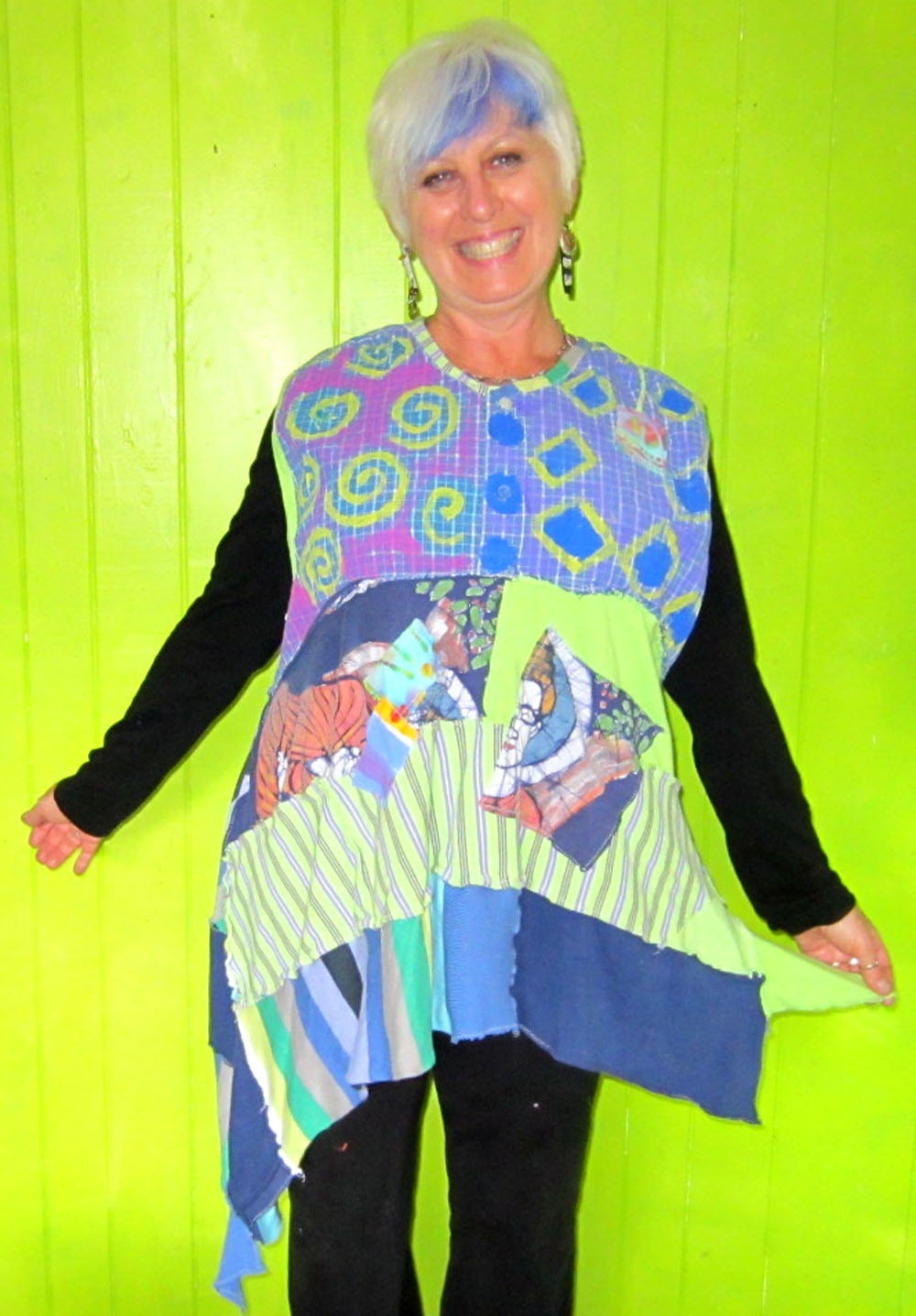 Hand painted Funky Vest or Sleeveless tunic In shades of Blue and Green SALE one size fits most