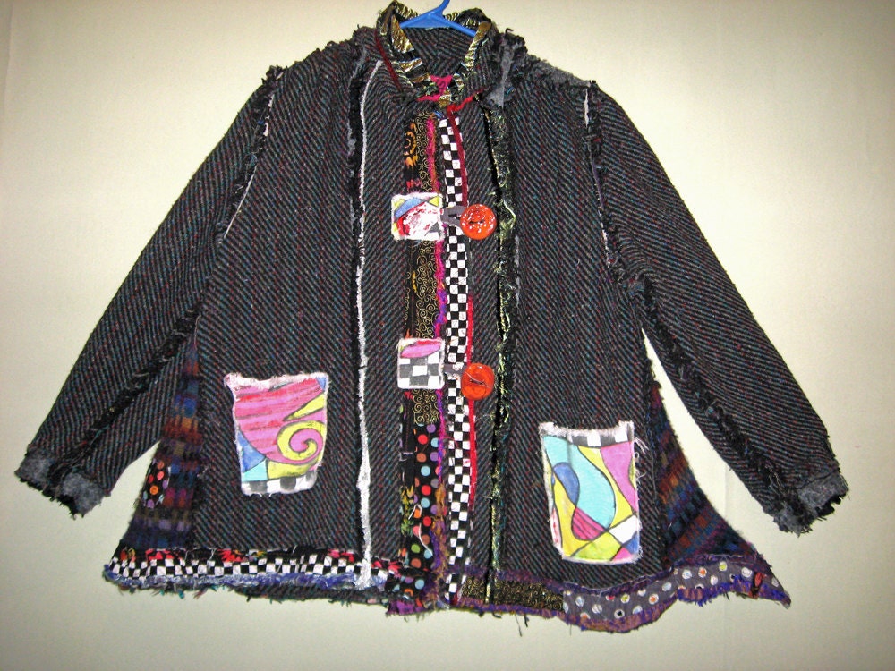Funky Tattered Shabby Chic up cycled vest Wool Coat