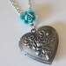 Antique Silver Embossed Rose Heart Locket Necklace Blue Lotus Flower Cab