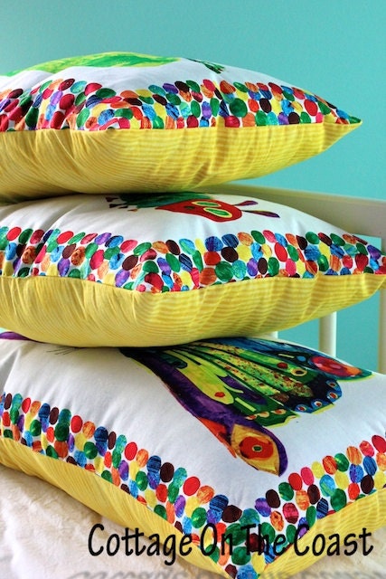 Nursery Decorations- Caterpillar, Leaf, and Butterfly...3 Piece Pillow Set with Yellow Backing-Made to Order