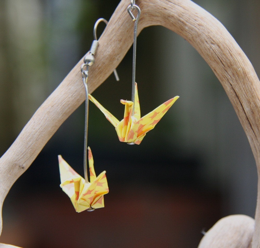 Origami Tsuru Earrings - Yellow with Orange Stars