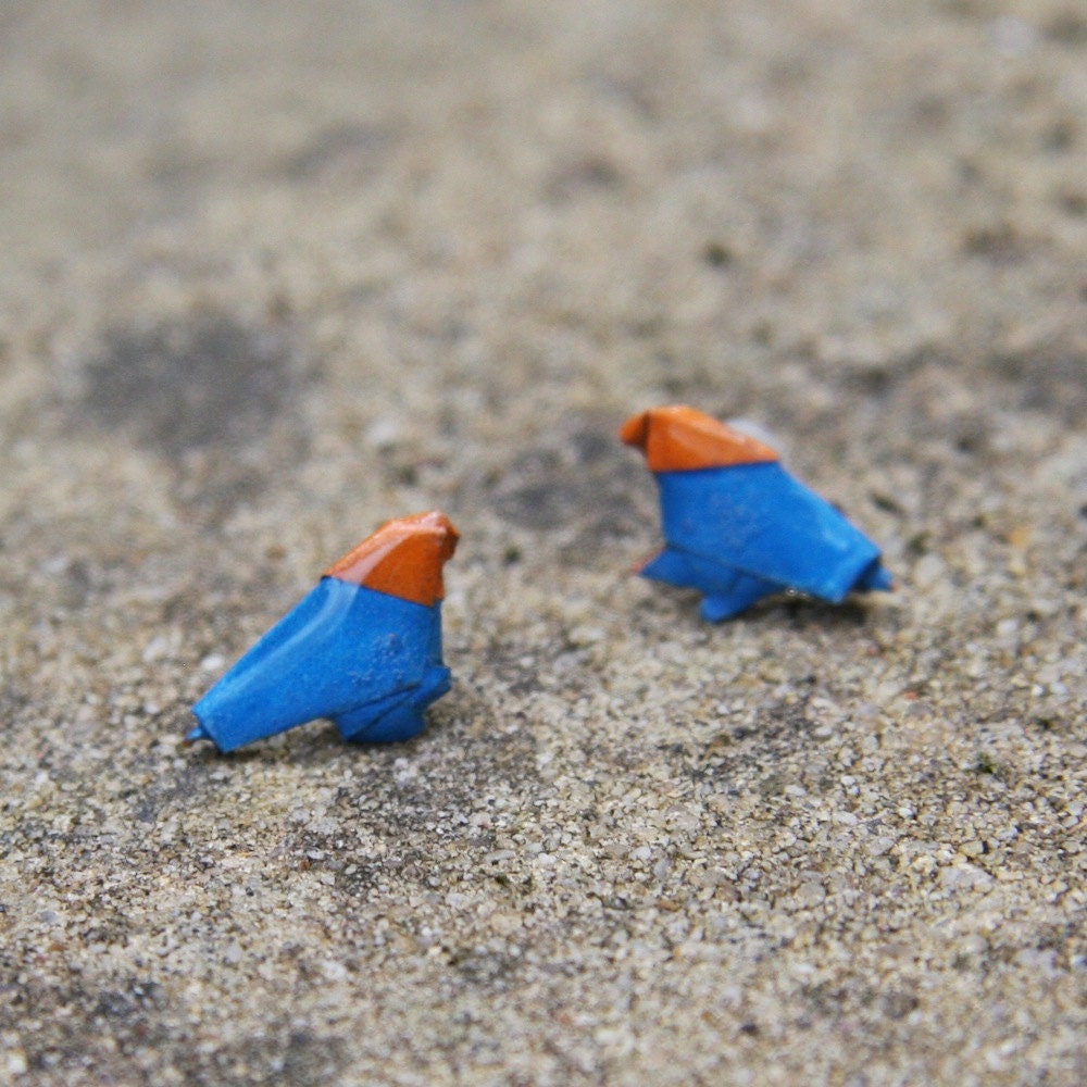 Free Shipping - Waterproof - Origami Bird Earrings - Blue and Orange
