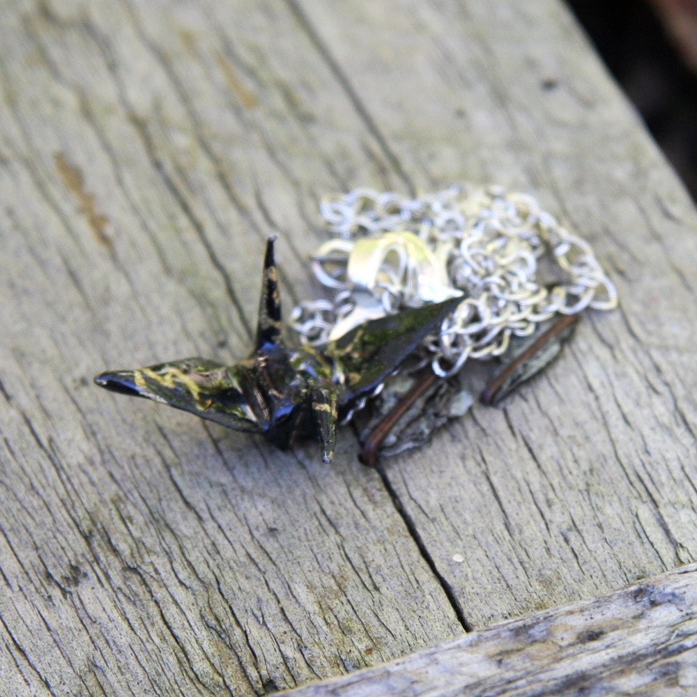 Origami Crane Necklace - Waterproof - Black with Gold details