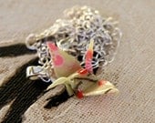 Traditional Origami Crane Necklace - Ivory and Gold with Pink Peach Blossom Flowers