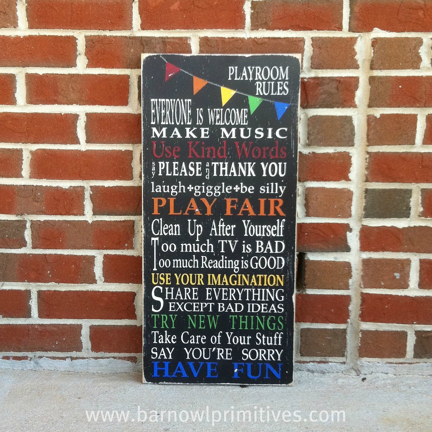 Playroom Rules Sign with Bunting - Typography Word Art in Black