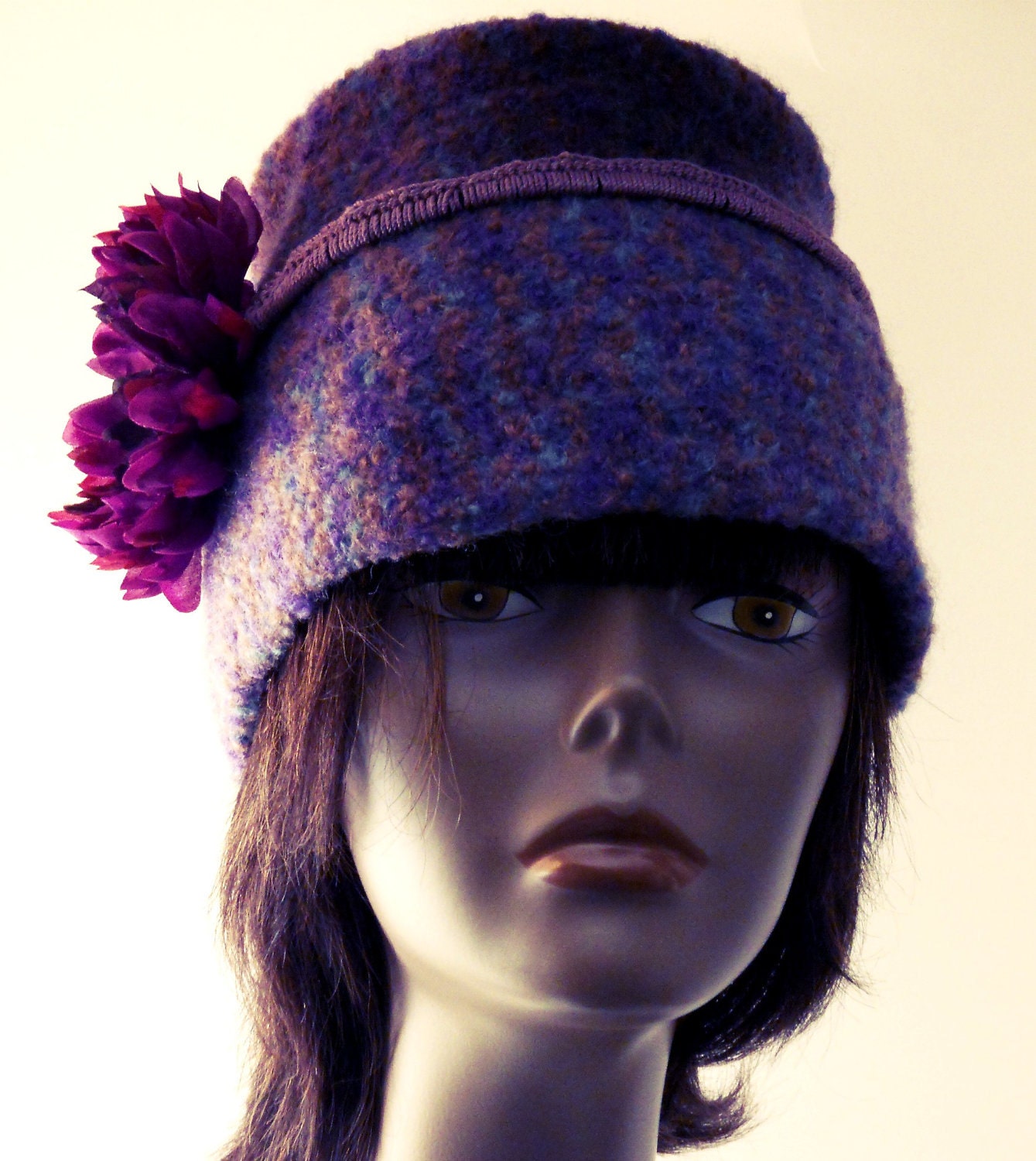 Womens Felted Hats Collection-OOAK 1960s style Purple Crochet Felted Fez with adjustable Flower Headband