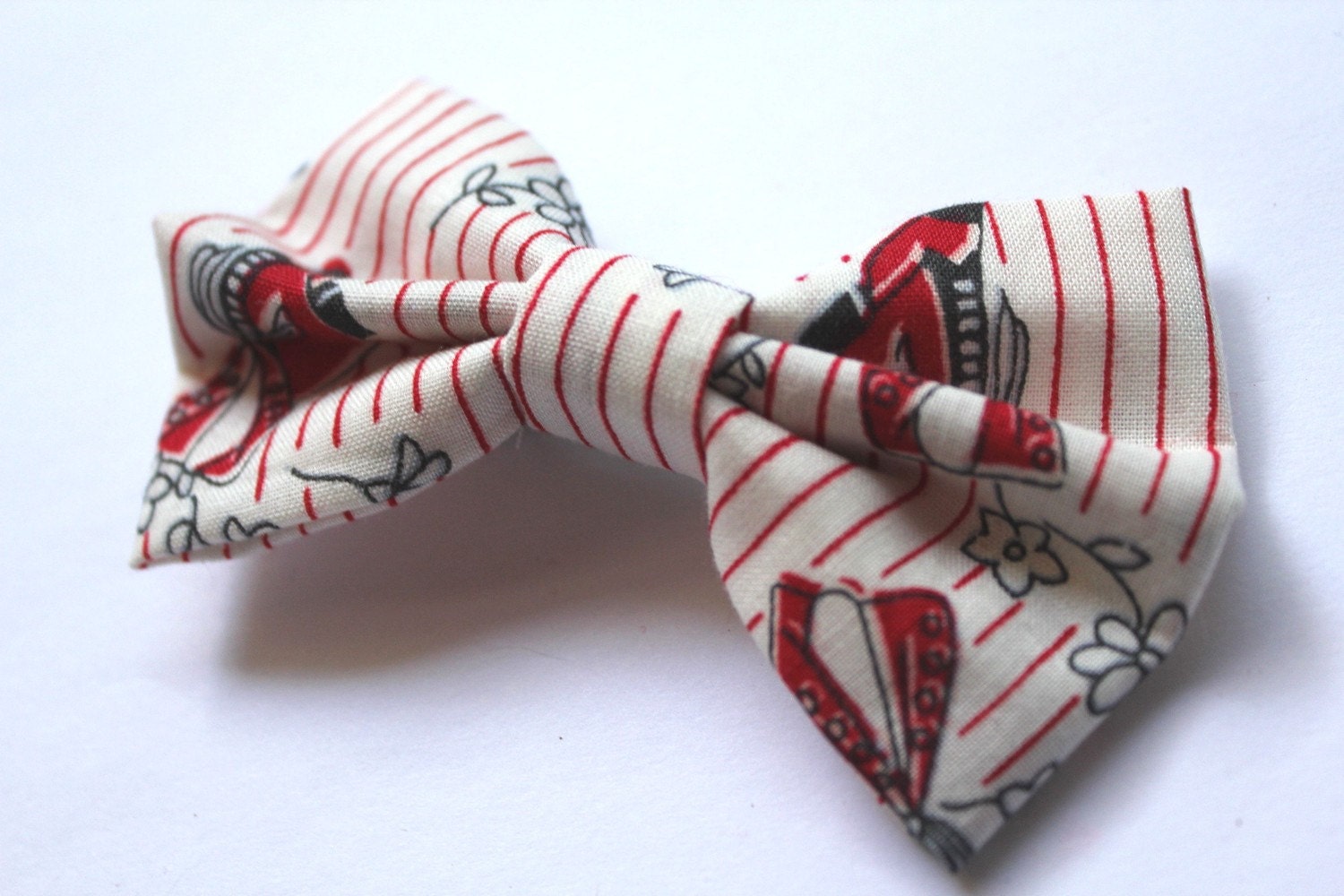 Bow Barrette Hair Clip Victorian Shoes Red and White Striped Print