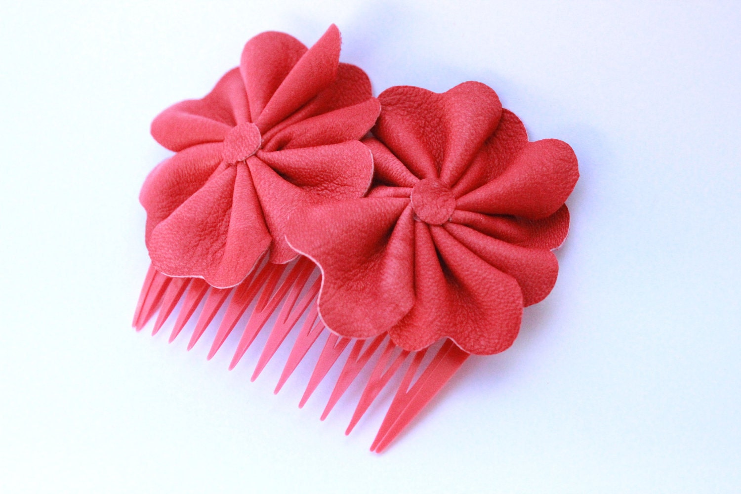 Red Coral Flower Blossoms Leather Hair Comb