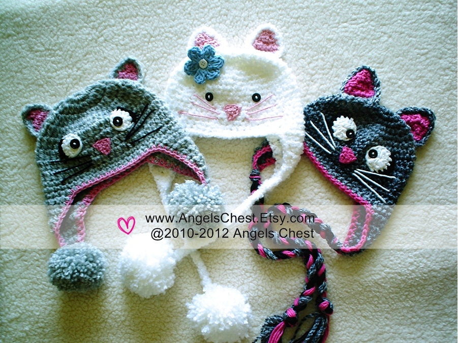 PDF Crochet Tutorial Pattern Here KITTY CAT Earflap Hat Prop Sizes Newborn to Adult by AngelsChest Pattern No. 27