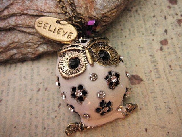Snow Owl Necklace with believe charm and crystal accent