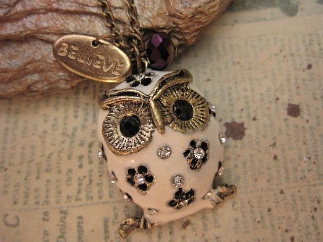 Snow Owl Necklace with believe charm and crystal accent