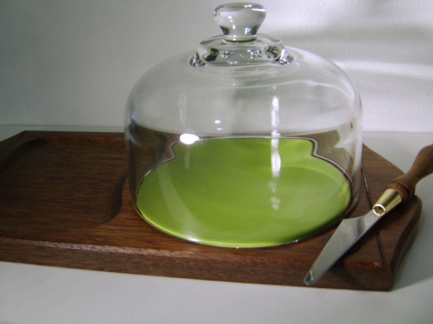 Vintage Cheese Board with Green Tile under Clear Glass Cloche - Display Case - Terrarium