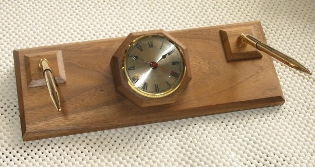 Solid Black Walnut Angled Executive Desk Clock with Solid Brass Penset (63-16)
