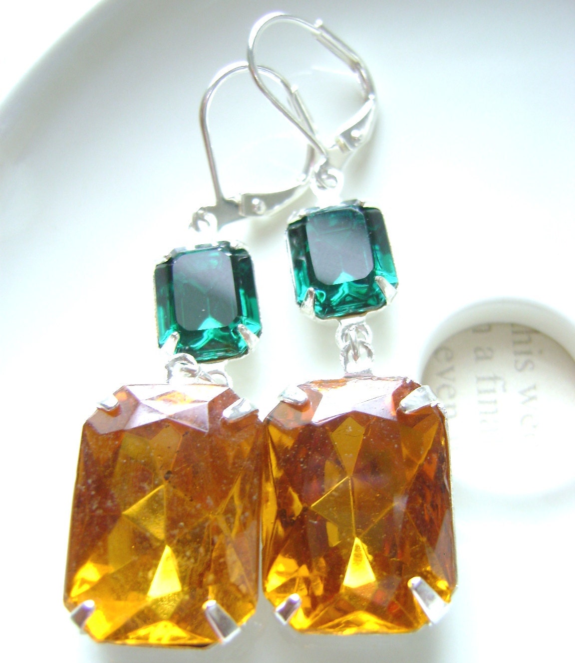 Emerald Green and Yellow Topaz Earrings Estate Style bridesmaid gift, wedding jewelry, bridal