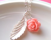 Sterling Silver leaf Necklace with 10mm coral rose flower, minimal, delicate, Orange, peach, bridesmaid gifts, bridal jewelry
