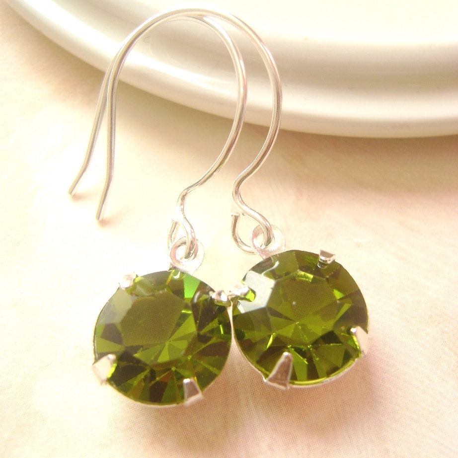 Olivine green Swarovski stone Silver earrings, bridesmaid gift, Wedding earrings