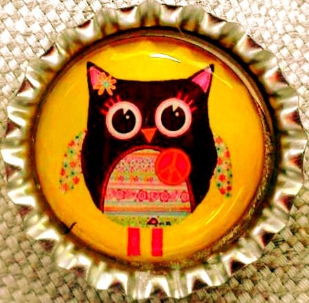 Whimsical Owl on Bright Yellow Background bottle cap magnet