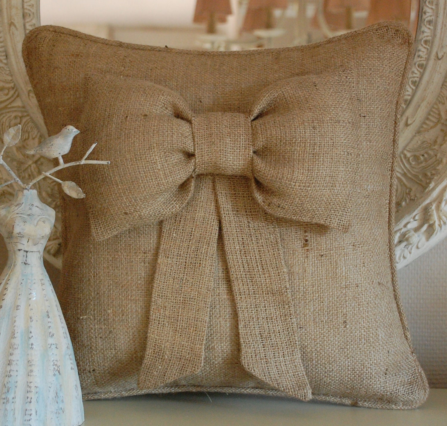 Puffy bow burlap pillow cover