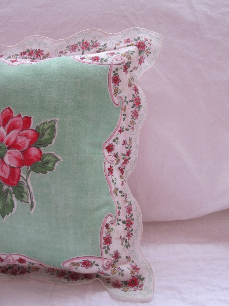 Featured Vintage Hankie Pillow Cover - Striking Apple Green