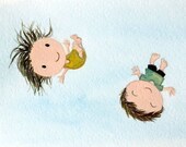 bounce - kids wall art, boy girl, brother sister jumping in the sky