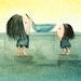 helping - cute art print - sisters stir bowl of cake mix