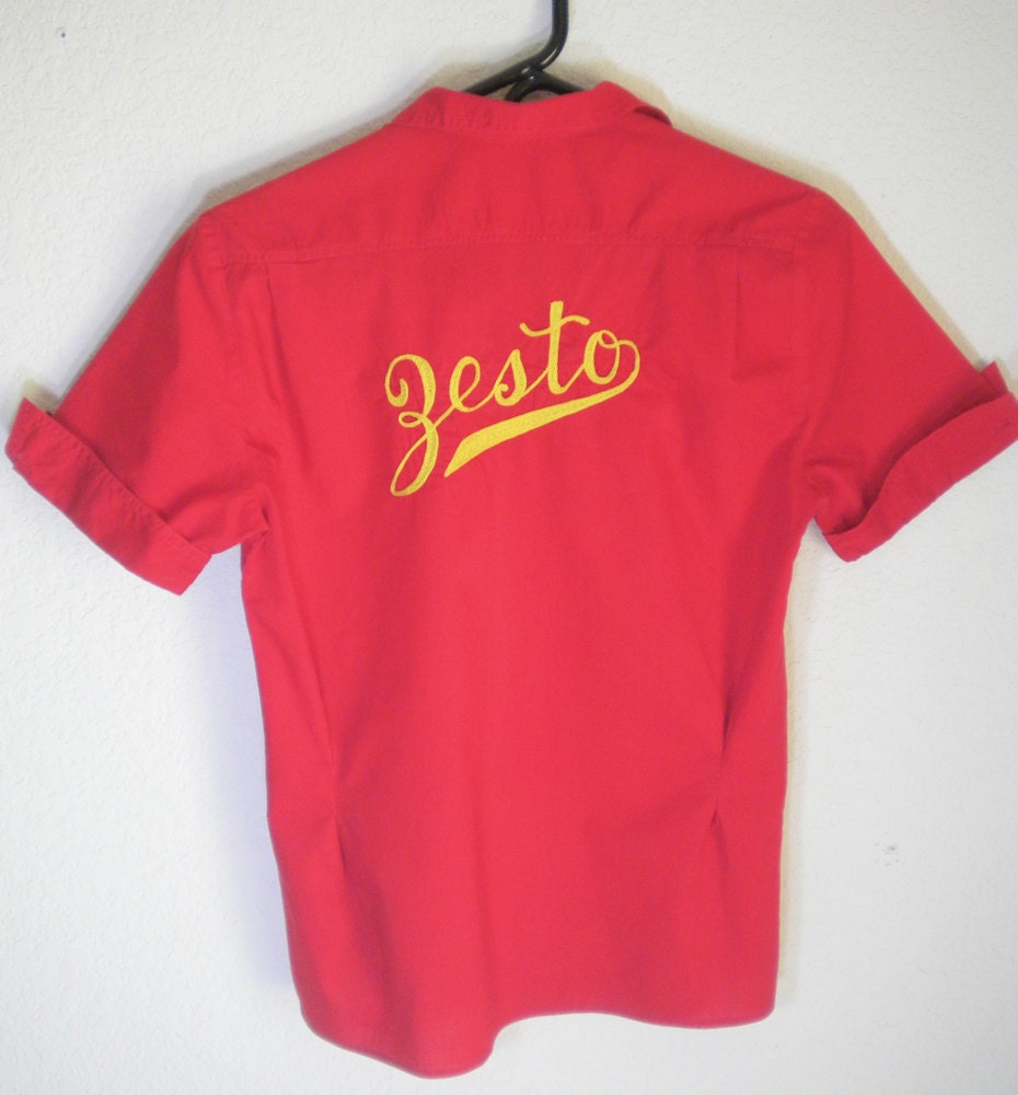 Vintage Tailored Work Shirt Zesto Bowling Style Laura Mae Life Blouse Red with Gold Lettering