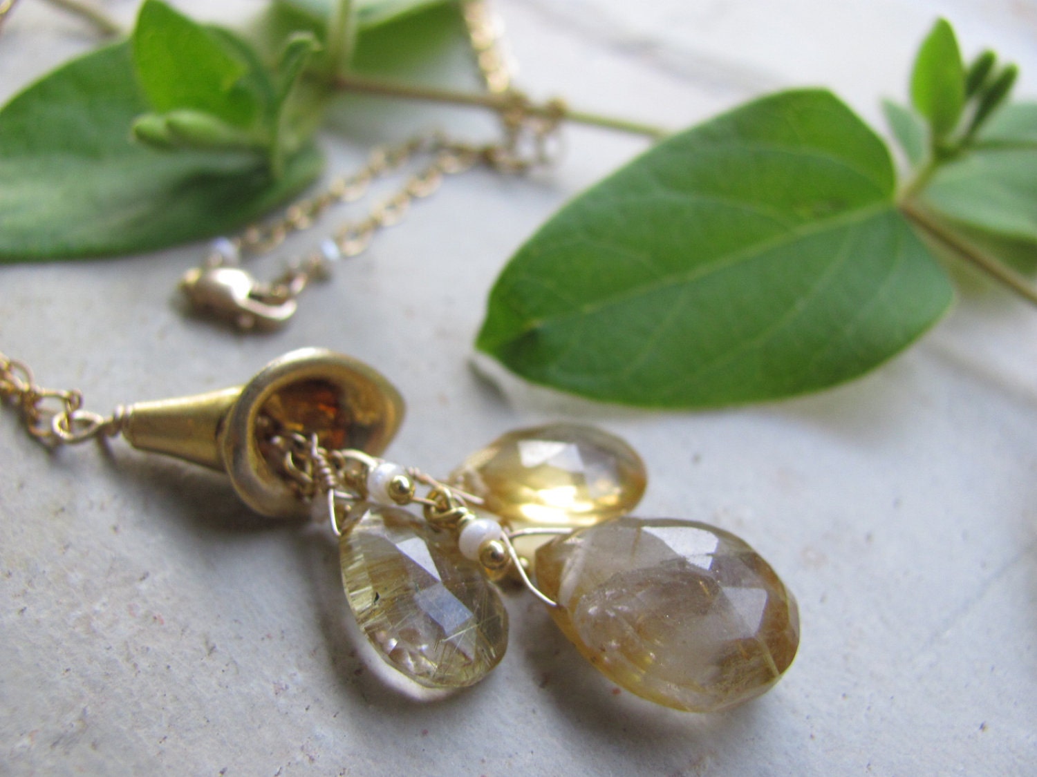 Honeysuckle Drop Rutilated Quartz, Citrine & Pearl Gold Vermeil Necklace
