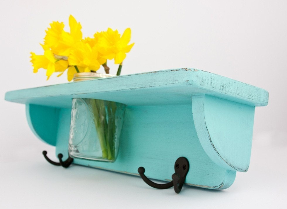 Handmade Shelf, Coat Rack, and Vase in Shabby Chic Turquoise Bay - hats, coats, keys,