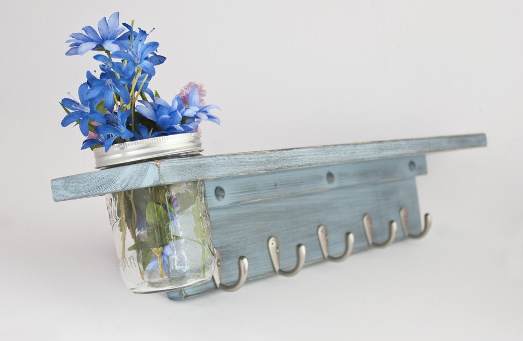 Country Wall Shelf with 5 Coat Hooks and Mason Jar Vase distressed Blue Gray- Twigs Decor