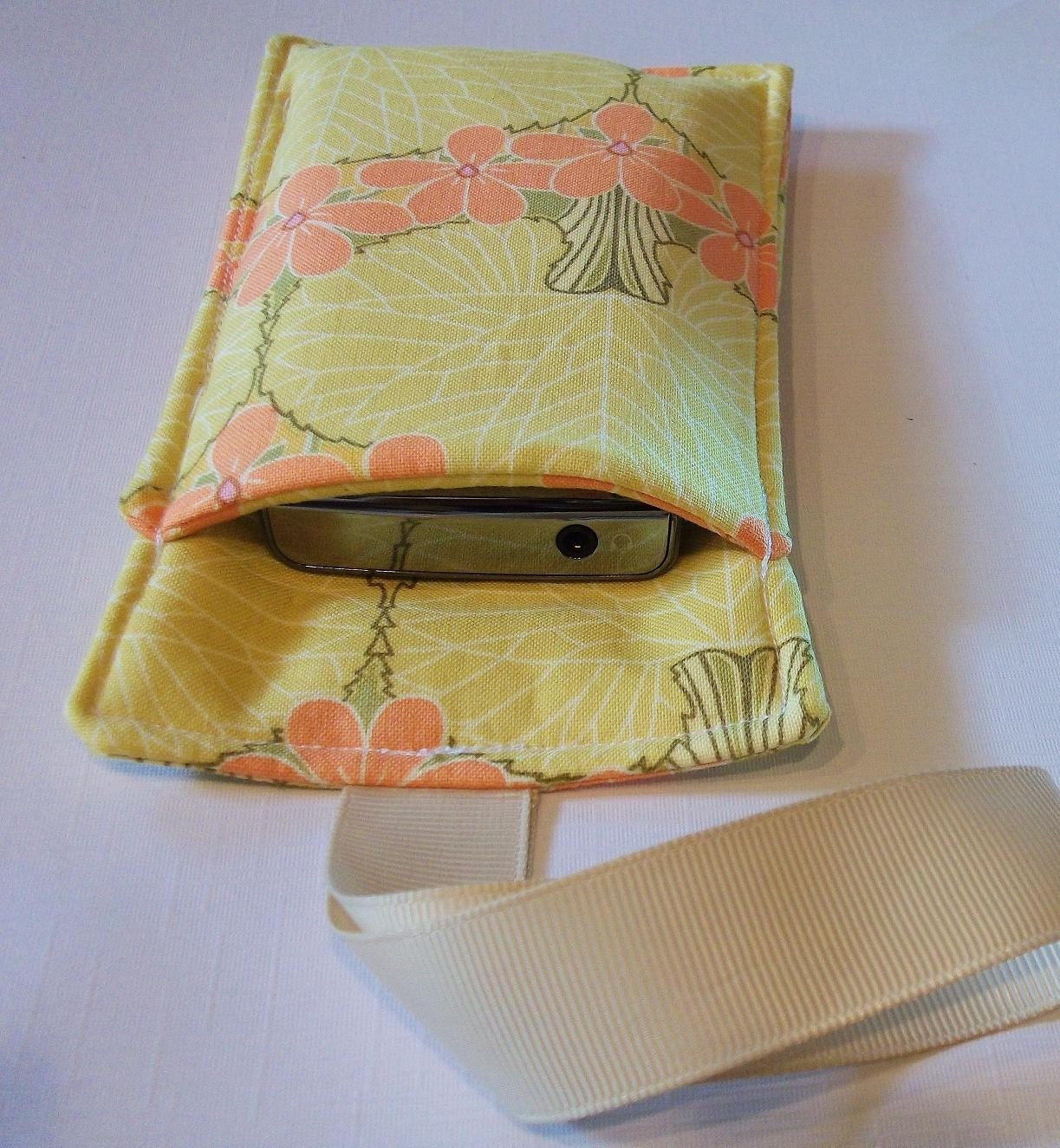 Cell Phone or Multi Media Pouch with Grosgrain Ribbon Belt Loop - Lotus Leaves