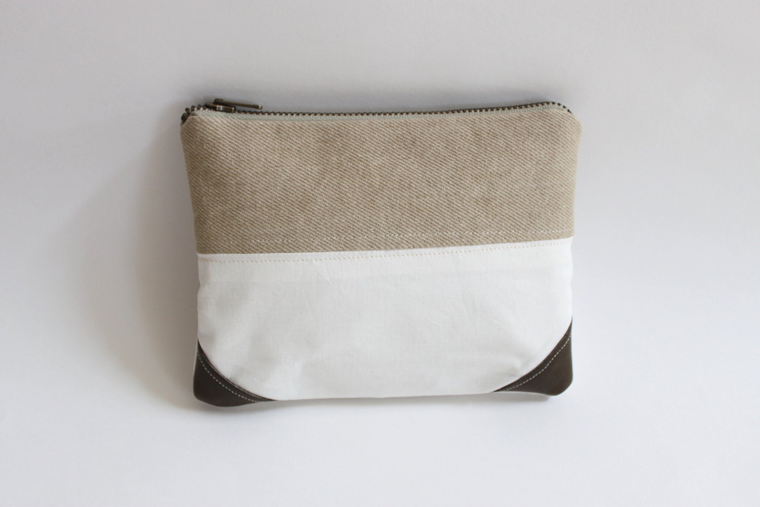 Pouch: Color Block pouch, Leather pouch, white and tan clutch