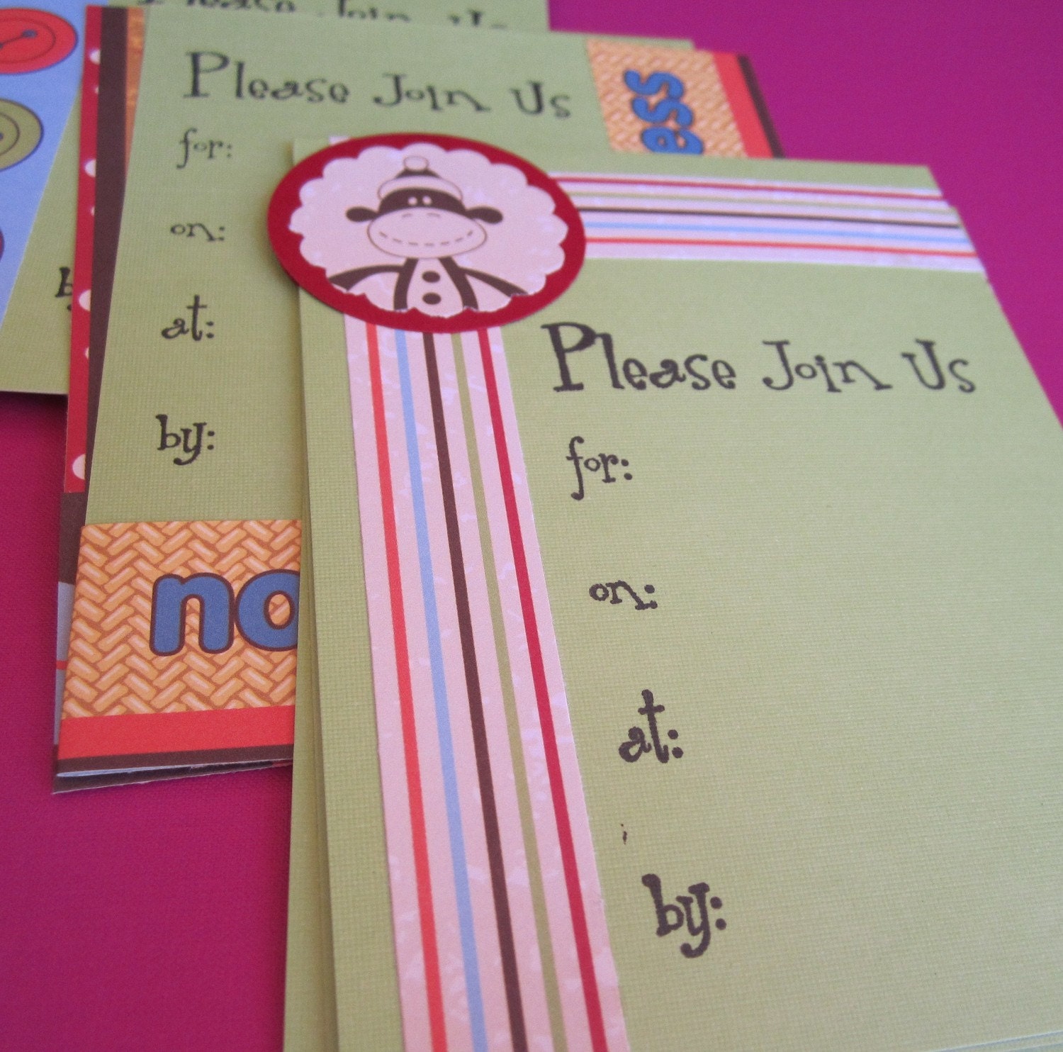 Sock Monkey Collection -  Set of 8 Party Invitations