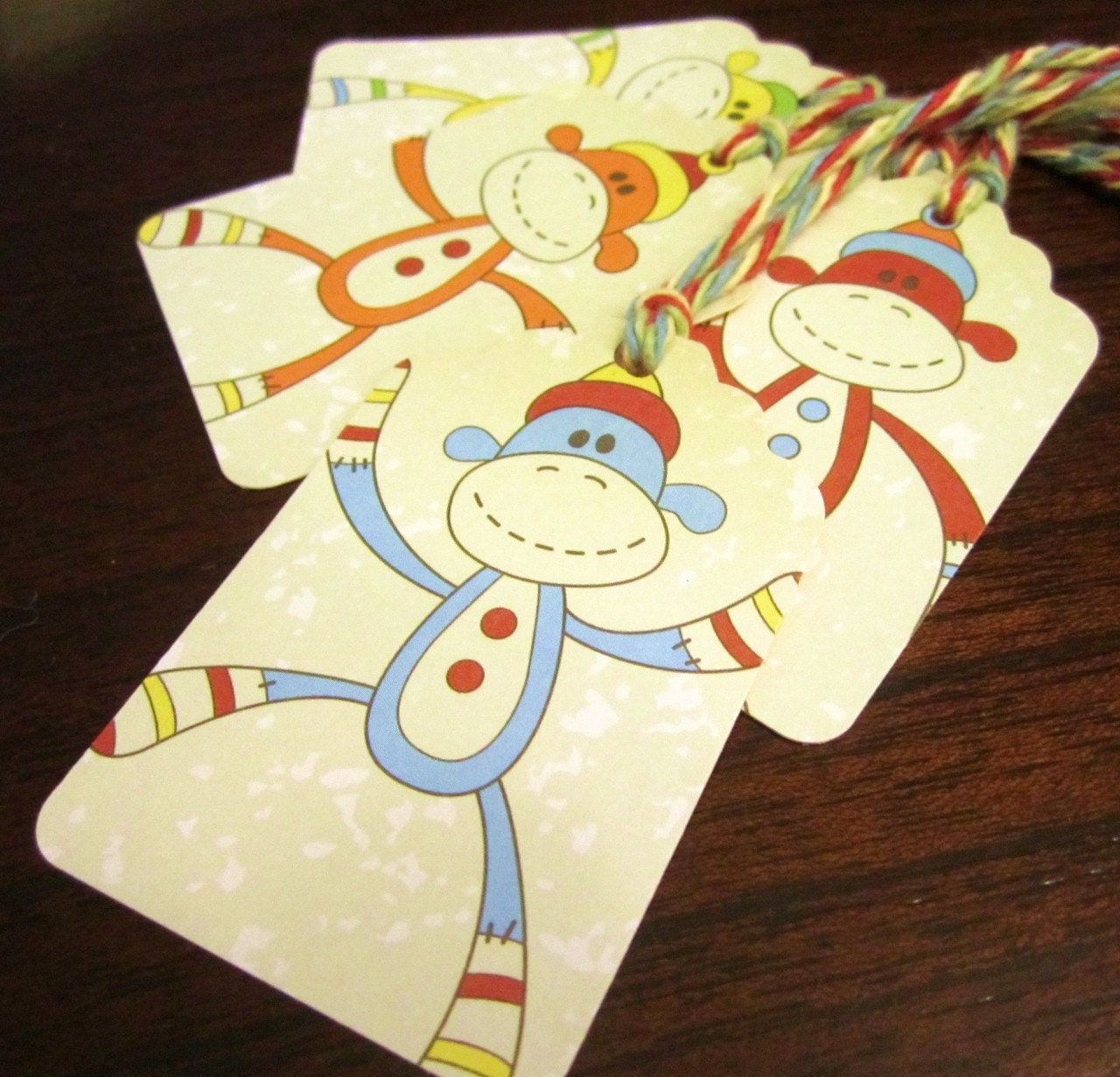 Sock Monkey Collection- 5 Large Party Gift Tags--Colorful