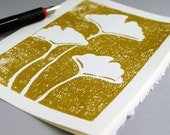 Gold Ginkgo Leaves Notecard, 5x7 Botanical Hand-printed Card