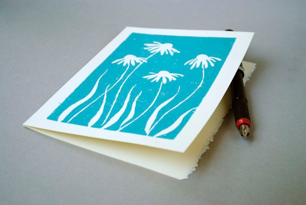 Turquoise Blue Daisy Notecard, Floral Greeting Card