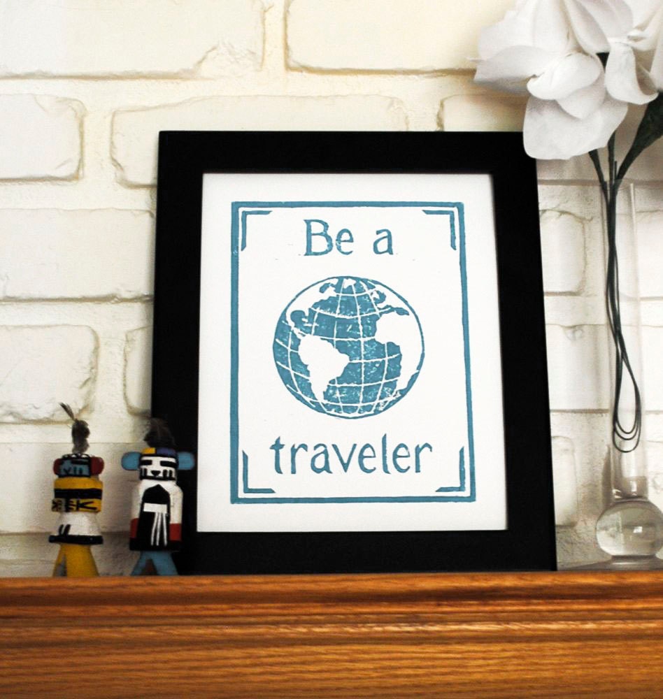 Turquoise Block Print Travel Poster, 8x10 Be a Traveler Linocut