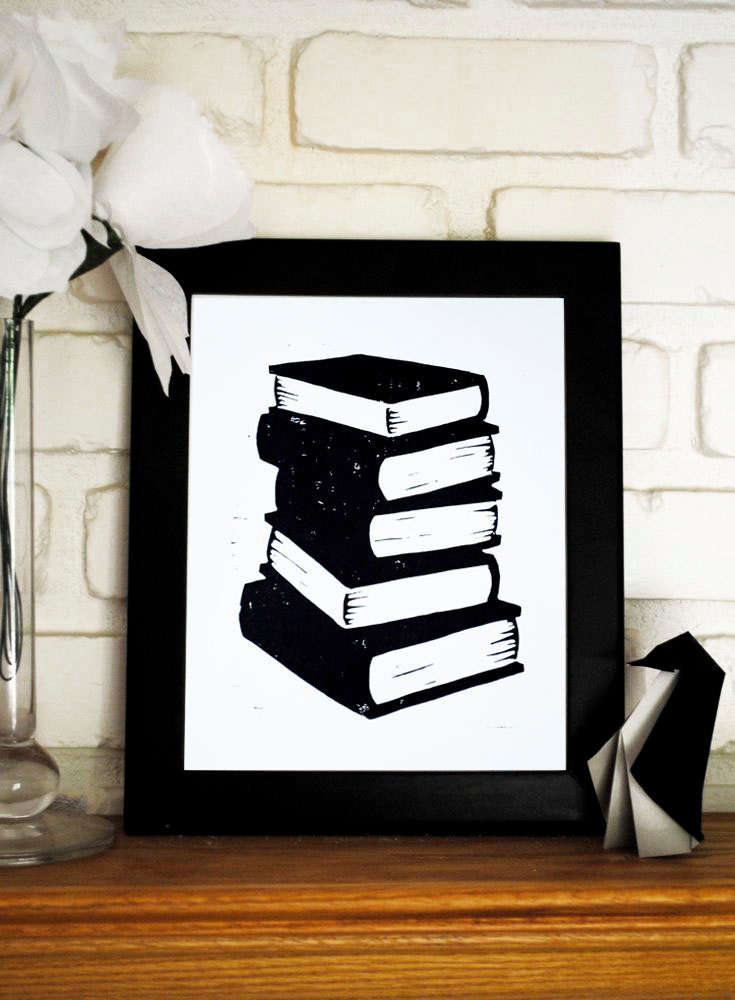 Black Book Stack Linocut Print, Handpulled Literary 8x10 Block Print