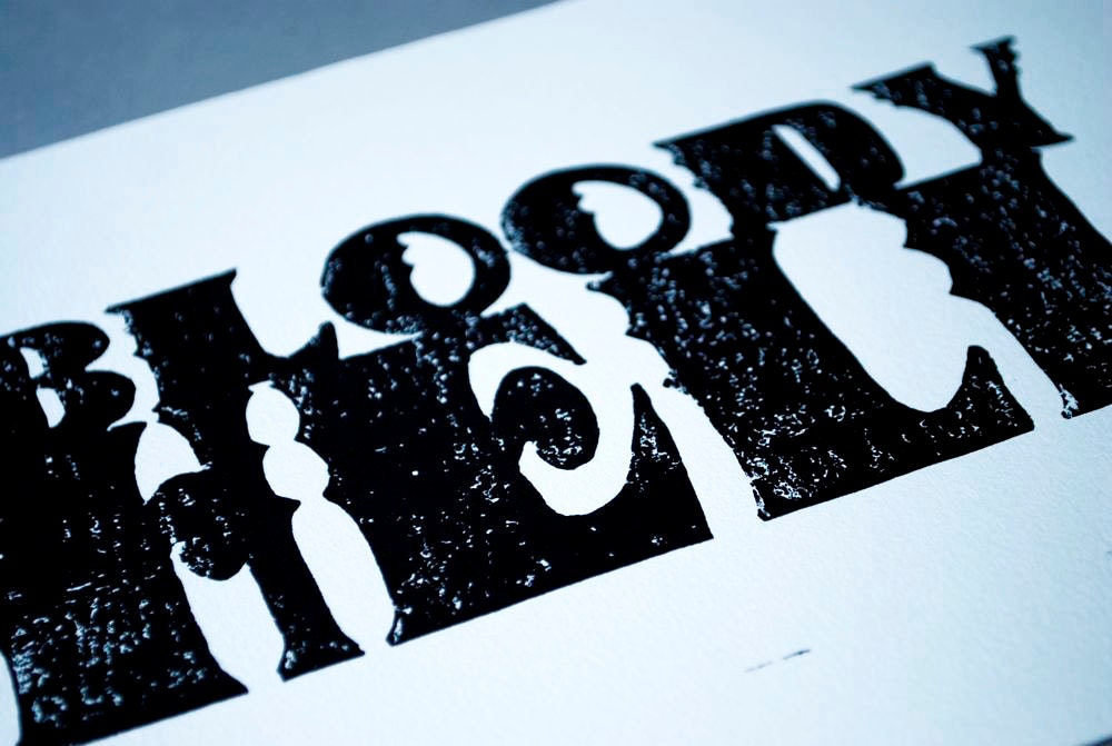 8x10 Linocut Print, Black and White Bloody Hell Block Print