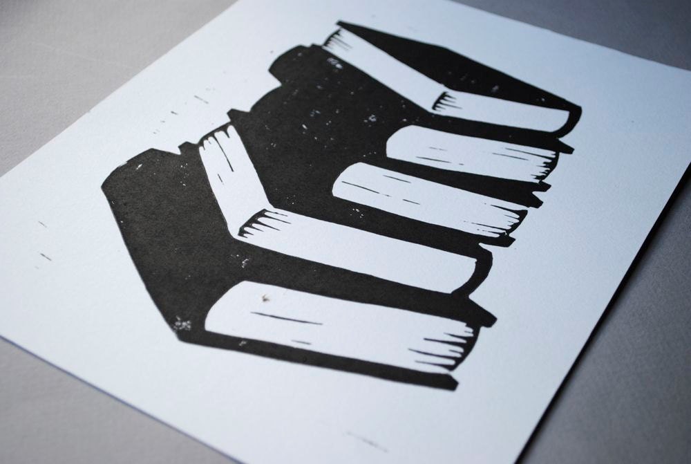 Black Book Stack Linocut Print, Handpulled Literary 8x10 Block Print