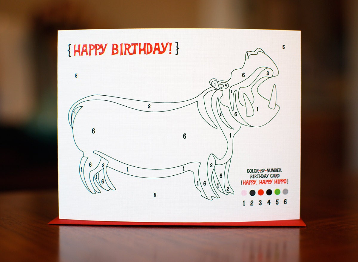 Color By Numbers Hippo Birthday Card on 100% Recycled Paper