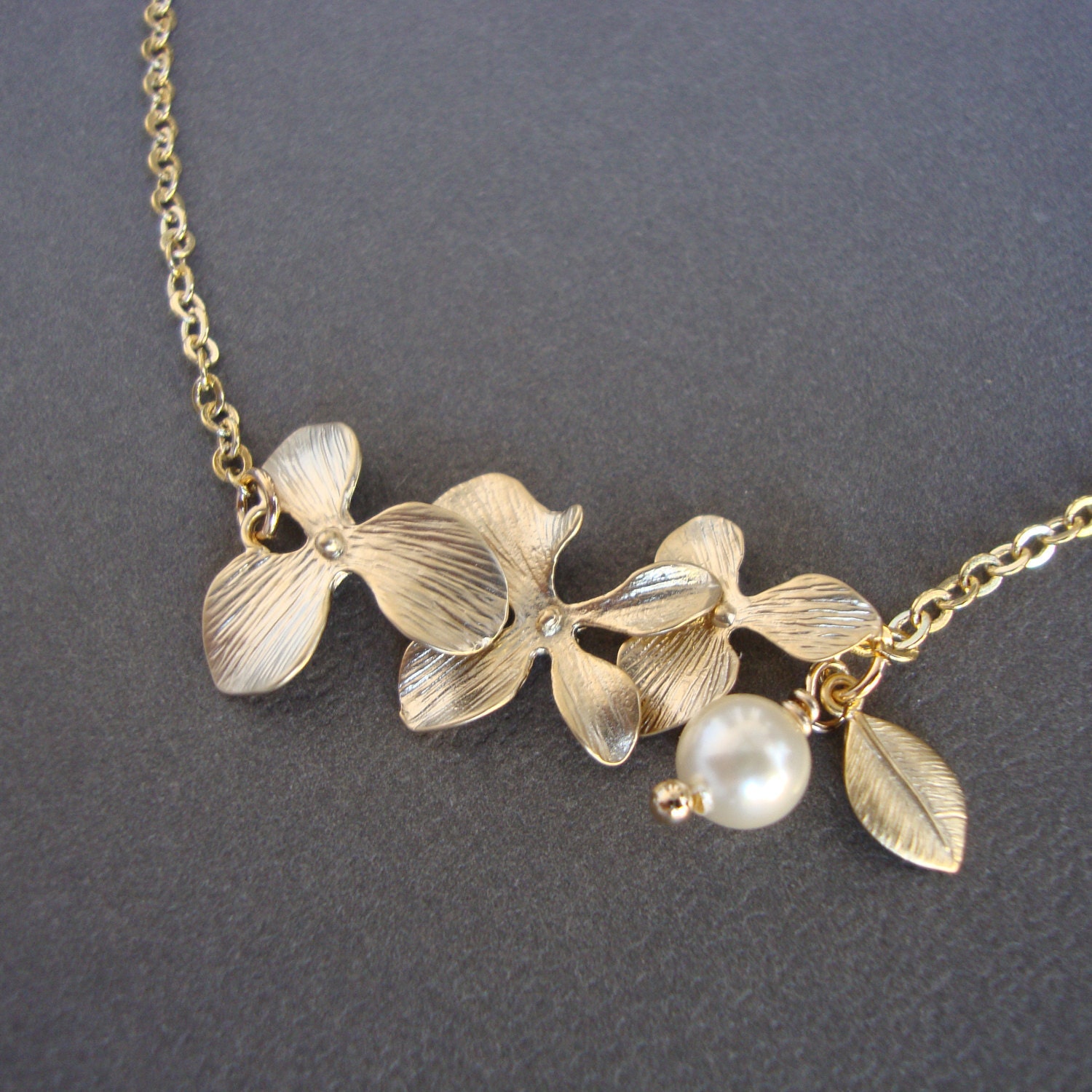 Gold Orchids Necklace - Blooming- Bridal, Bridesmaids Gifts, Wedding, Anniversary, Feminine, Lovely Gift